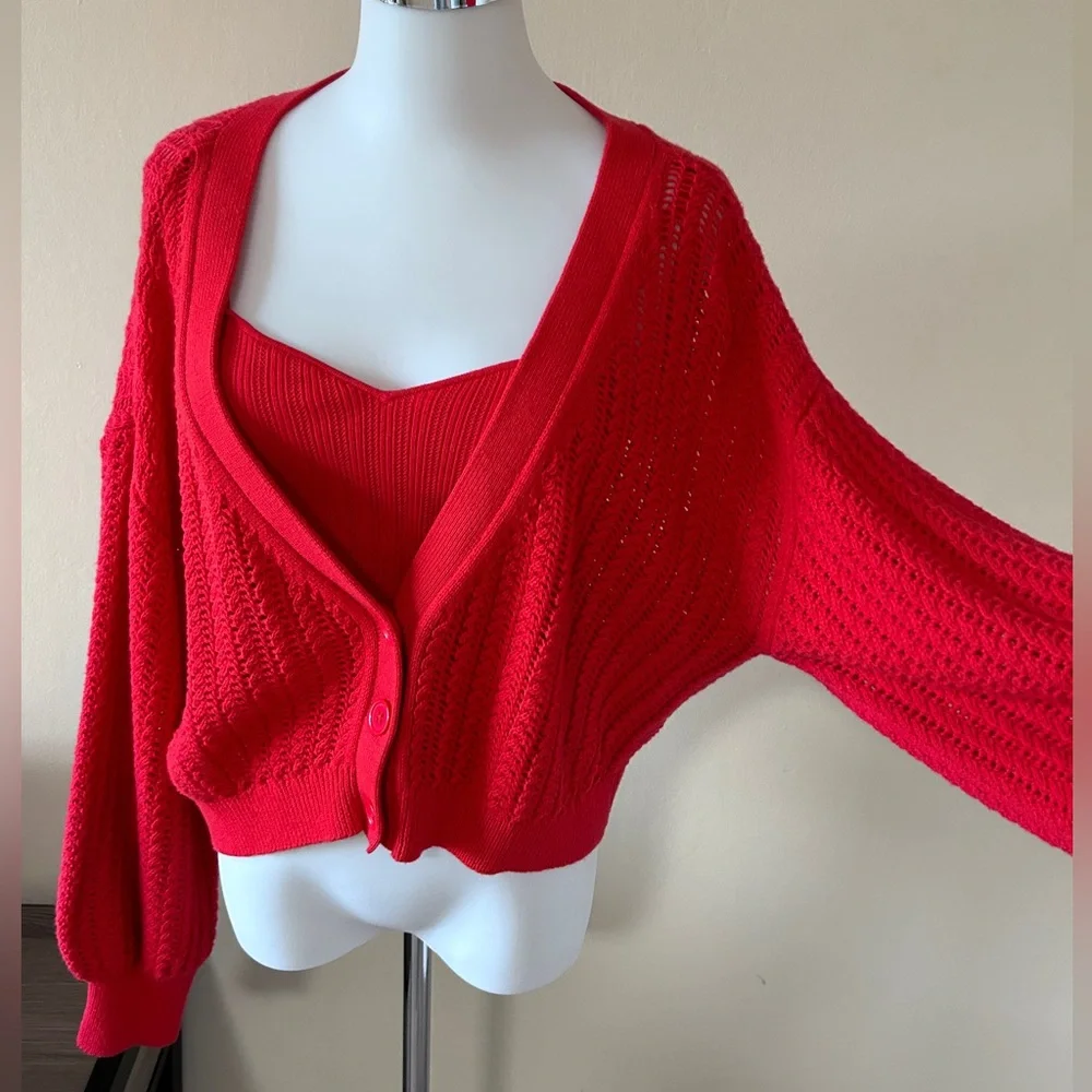 Alice + Olivia Windsor Deep V Slouchy Cable Knit Cardigan in Bright Poppy (red) - Picture 13 of 15